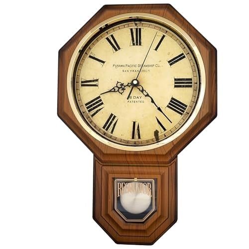 JUSTIME Traditional Schoolhouse Classic Vintage Roman Regulator Wall Clock, Chiming Wall Clocks with Pendulum & Westminster Chime Hourly, Schoolhouse Wall Decor Battery Operated (Light Wood Grain)