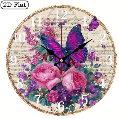 Kinetic Metal Wind Spinner Vibrant Butterfly Floral Design 2D Flat 1pc 10Inch Design Silent Wall Clock Wooden Living Room, Bedroom Housewarming & Anniversary Gift
