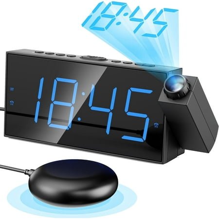 KitchenKey Projection Alarm Clock, Loud Vibrating Alarm Clock for Heavy Sleepers, Adjustable Projection Brightness,Hearing Impaired & Deaf People, Digital Alarm Clock with USB Charging Port