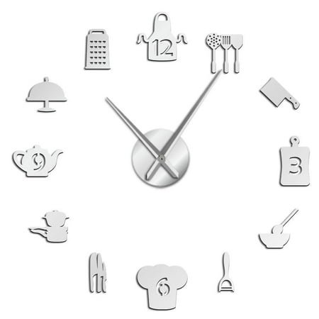 Kitchen Tools Frameless Wall Clock Stickers, DIY Modern Decorative Clocks for Living Room, Bedroom, Office - Easy to Install, Large 3D Clock Design (Silver,27in)