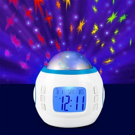 Kqiang Star Nightlig Alarm Clock Sunrise, Kids Alarm Clock Children Star Projection Digital Clock with Starry Sky Music Calendar Thermometer Backlight(White)