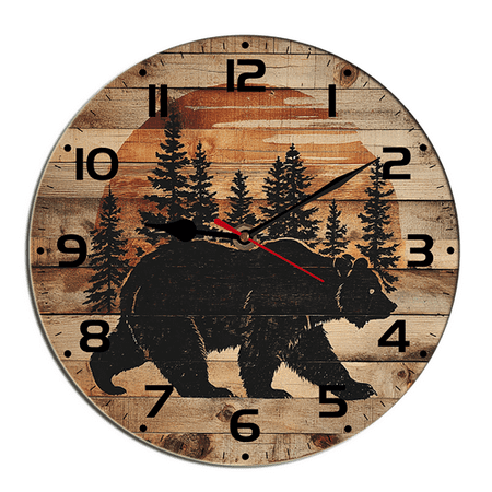Kurmntregon Cabin Bear Wall Clock Black Bear Wildlife Forest Mountain Lodge Wooden Non Ticking Silent Quartz Bedroom Living Room Office Gym Kitchen Bathroom Patio Decor Decorative Clocks Round 10