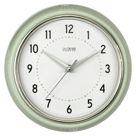 La Crosse Clock 9.5 inch Retro Diner Green Silent Sweep Quartz Analog Wall Clock, 404-3024PH