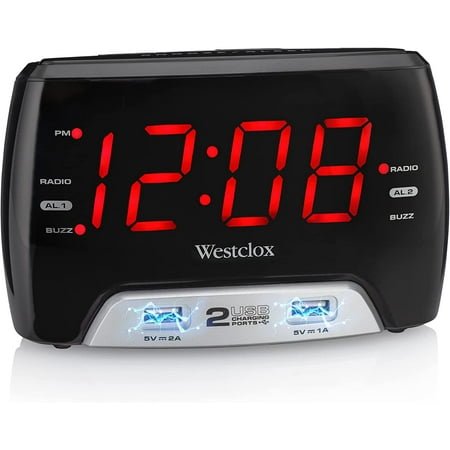 Large 1.4” Red LED Digital FM Clock Radio with Dual USB A & C Charging Ports, Adjustable Brightness, Dual Alarms & Sleep Timer – Modern Alarm Clock for Bedroom, Home, or Office (Black)