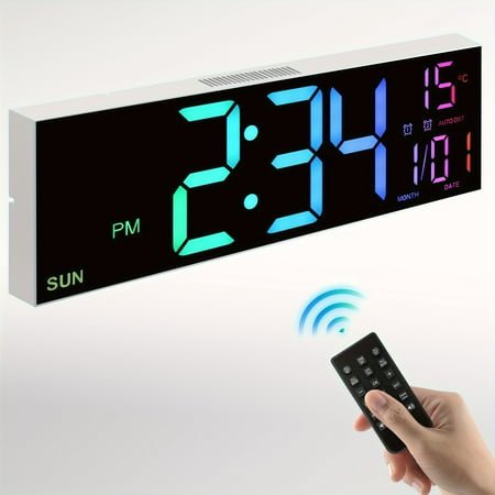 Large Digital Wall Clock with Remote - 16.2'' LED, Dual Alarm, RGB Colors, Auto Brightness, Date, Temperature, Night Light for Home Office Decor