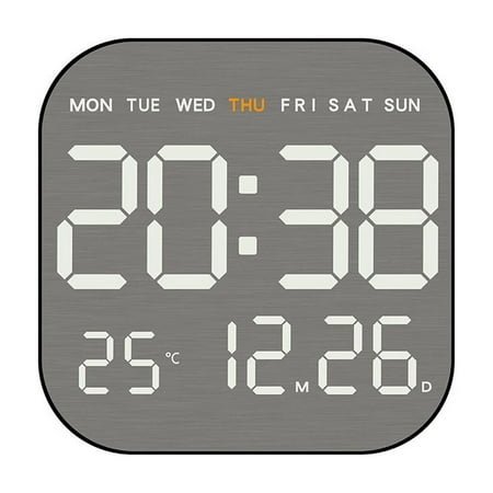 LED Electronic Wall Clock with Brushed Metal Face, Displays Time, Date, Day & Temperature, 5 Brightness Levels, 12/24-Hour Format(Black)
