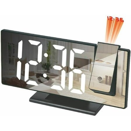 LED Mirror Projection Alarm Clock,Mirror Digital Clocks for Bedroom,Large Display Timepiece,180° Rotatable Projector,4-Level Dimmer Watch,Modern Temperature Displayer and Snooze Bell(B Case/W Light)