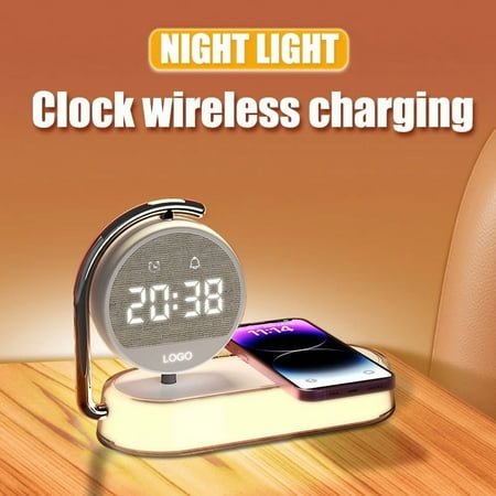 LED Night Light Wireless Charger Stand 360 Rotation Alarm Clock Fast Charging Station For iPhone 16 15 14 13 12 Pro Max Samsung