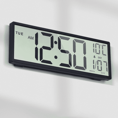 LEIKE 15 Digital Wall Clock Battery Operated Large Display with Date and Day of Week, Large Number with Temperature, Auto DST, Alarm, Snooze, 12/24H for Desk Office