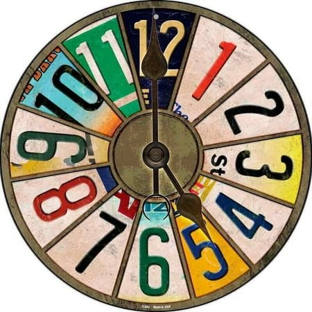 License Plate Tag Strip Clock Round Circular Metal Sign Home Garage Decor Size: 12 x 12 inch