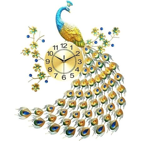 LOYALHEARTDY Peacock Wall Clocks, Wrought Iron and Metal Dial Large Digital Wall Clock Luxury 3D Silent Wall Clocks Battery Operated for Living Room, Bedroom