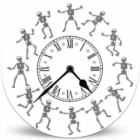 Lucidhisun Funny Rock Skeleton Battery Operated Round Wood Silent Non Ticking Wall Clock 10in, Halloween Decorative Battery Operated Wall Clocks for Living Room, Kitchen, Bathroom, Bedroom