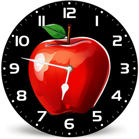 Lucidhisun Red Apple Decoration Wood Clock 10in Battery Operated Non-Ticking Wall Clock, Rustic Farmhouse Decor Wall Clock for Office Room, Living Room, Bedroom or Kitchen