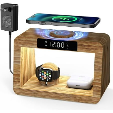Meamaz Fast Charging Bamboo Wireless Station with Digital Alarm Clock & Night Light – 3 Light Modes for Sam-sung Phones/Watches/Buds, for Bedroom & Home Use