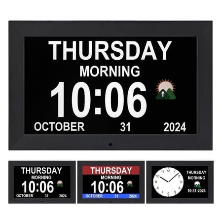 Memwake Multifunctional Large-Screen Digital Alarm Clock for Alzheimer's Patients with Date and Day of Week,Multiple Display Modes,10-inch Black