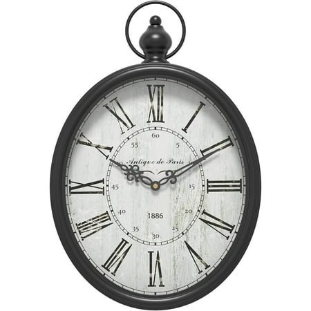 Menterry Oval Retro Wall Clock, Rustic Vintage Style, Black Antique Design, Battery Operated Silent Decor Large Wall Clocks for Kitchen,Farmhouse,Office (15.5 H x 10.5 W)