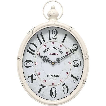 Menterry Oval Retro Wall Clock, Rustic Vintage Style, White Antique Design, Battery Operated Silent Decor Large Wall Clocks for Kitchen,Farmhouse,Office (15.5 H x 10.5 W)