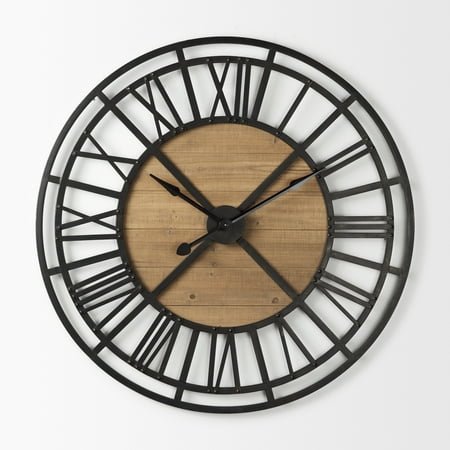 Mercana Lewiston 42.1L X 2.6W X 42.1H Black Iron W/Wood Round Wall Clock