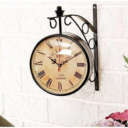 Metal London Vintage Victoria Double Sided Station Wall Clock with dial (Black, Brown, 8 inches dial Size)