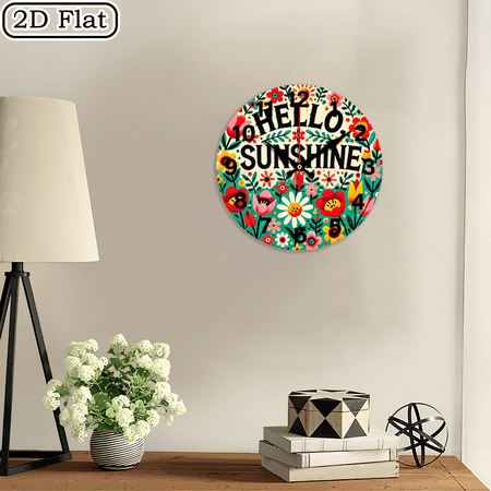Metal Wall Art with Vibrant Floral & Sunflower Design, 2D Flat 1pc 10Inch Design Silent Wall Clock - Wooden, Ideal for Living Room, Kitchen, Office Decor, Perfect Christmas Gift