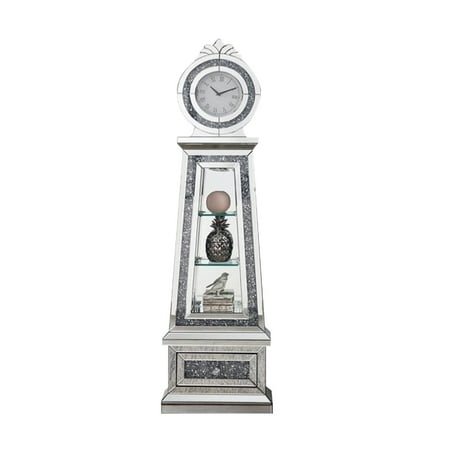 Mirrored Grandfather Clock with 3 Open Compartments Silver Wooden