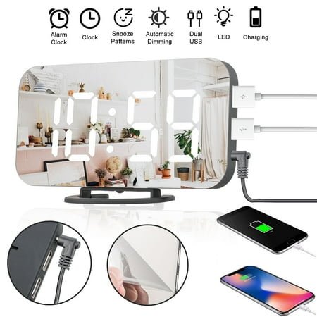 Mirror Surface Alarm Clock, DISEN Digital LED Display Modern Alarm Clock with Dual USB Ports, Dimmable Large Screen, Snooze Function for Home Office Travel