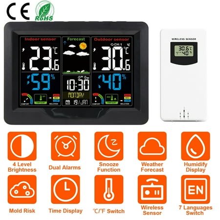 Moclever 2 in 1 Electric Weather Station Digital Alarm Clock, Wireless Sensor Weather Forecast Temperature Frost Alert Table Clock with Backlight 7 Languages Switchable, Black