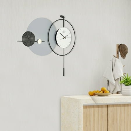 Modern Analog Wall Clock with Exquisite Pendulum – Iron Construction, Mechanical Operation, 5.45lbs Net Weight for Hallways & Coffee Shops Black+Gray