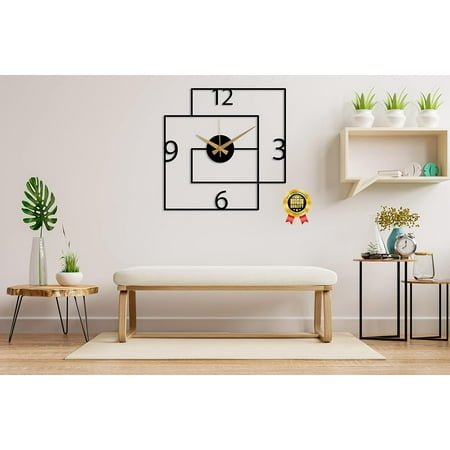 Modern Black Large Metal Wall Clock, Geometric Design Wall Clock, Unique Silent Clock, Horloge Murale, Wall Clock Art, Housewarming Gift Home Decor (19,3 Inches / 49 cm)