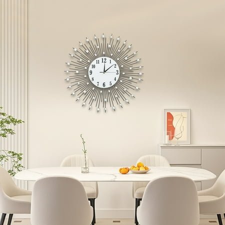 Modern Wall Clock Vintage Metal Crystal Sunburst Luxury Diamond Quartz 60cm for Hotels, Offices, Living Rooms