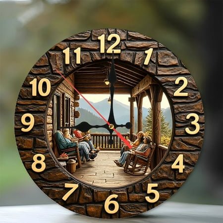 Mountain Cabin Porch Family Clock Wall Decor 10-Inch Silent Wooden Wall Clock, Battery Operated (AA Batteries Not Included), Artistic Home Decor