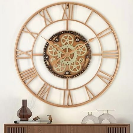 Moving Gear Wall Clock 24 Inch Large Industrial Steampunk Wall Clock Oversized Metal Analog Wall Clocks for Home Farmhouse Office Battery Operated (Gold)