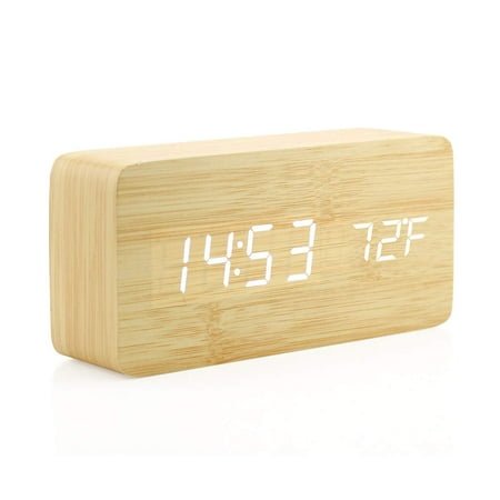 Multi-Function LED Alarm Clock with USB Power Supply, Voice Control, Timer, Thermometer - （Bamboo and wood white characters）