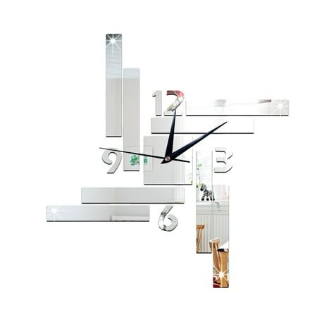 Nadi 1Pc Eco-friendly Mirror Clock Wall Clock Striped Square Mirror Clock Fashionable Wall Hanging Clock Chic Art Decor for Home Office Restaurant (Sliver)