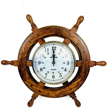 Nagina International 16 Handcrafted Nautical Ship Wheel with 6 Arabic Numeral Dial Face Time's Clock | Maritime Wall Decor Clock
