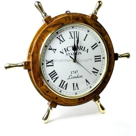 Nagina International 18 Elegant Handcrafted Nautical Ship Wheel Roman Dial Time's Wall Clock with Polished Solid Brass Handles | Ship's Steering Wheel Decor Clock | Maritime Gifts