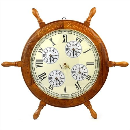 Nagina International Natural Wood Hand Crafted Nautical Captain's Ship Wheel Clock with Global Time Quartz Clock - Pirate Nursery Ocean Beach Home Decor Gift