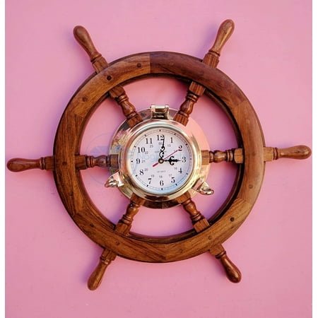 Nautical Elegance Telling Time: 24-Inch Wooden Ship Wheel Clock with Mounted Porthole Jhanjhat - White Numeric Dial