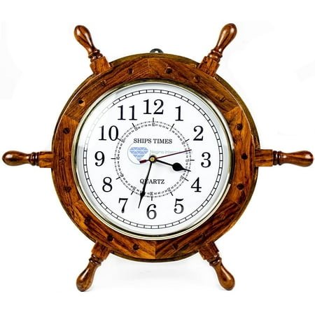 Nautical Moon Light Blue Large Wooden Ship Wheel with Ship's Time Captain's Clock - Pirate Home Decorative Clock - Nagina International (12 Inches, White Dial Face)