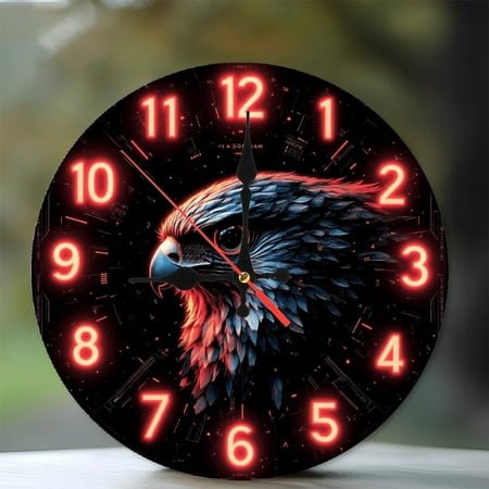 Neon Eagle Wall Clock Decorative Art 10-Inch Silent Wooden Wall Clock, Battery Operated (AA Batteries Not Included), Artistic Home Decor