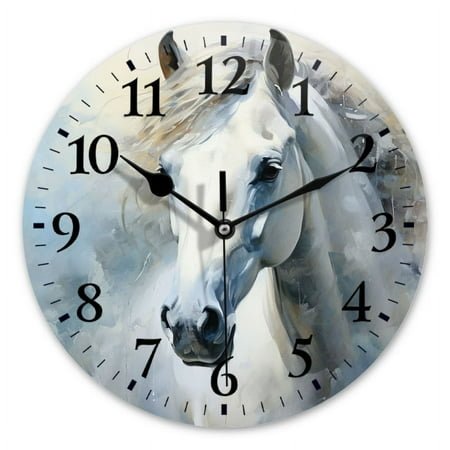 Non-Ticking Silent Wall Clocks Battery Operated Personalized Decor Clock for Bathroom,Office-White Horse'S With A Flowing Mane（12inch）