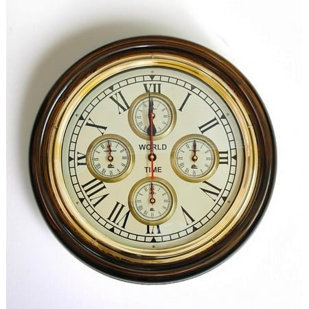 NORVILLE™ 16 Inch Wooden World Time Wall Clock- 5 Countries Time Clock For Home, Office, Hotels