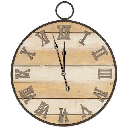 Olden Days Large Wooden Wall Clock - Antique, Vintage, Rustic, Country Farmhouse Style - Real Wood - Iron Roman Numeral Design - Built-in Wall Hanging Ring - 23.5 x 28