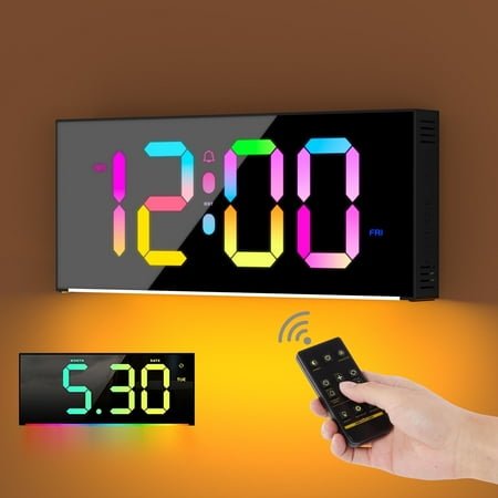 Onekawa Large Digital Wall Clock,LED Alarm Clocks with Calendar and Remote Controls,Black