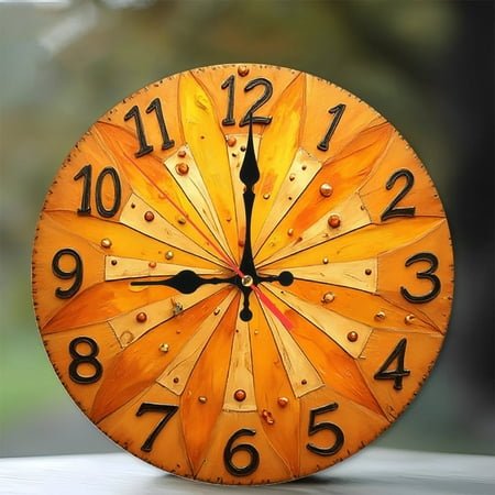 Orange Sunburst Wall Clock Handmade Wooden Clock 10-Inch Silent Wooden Wall Clock, Battery Operated (AA Batteries Not Included), Artistic Home Decor