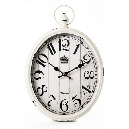 Oval Metal 16 inch Large Battery Operated Retro Old-Fashioned Antique Design Rustic Vintage Style Decor for Living Room Kitchen Farmhouse White