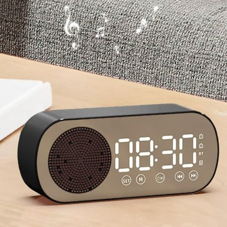 Pcapzz Alarm Clock,Digital Alarm Clock,Bluetooth 5.0 Speaker LED Display Mirror with FM Radio Support TF Card Play Hands-Free for Hotel Office Bedroom Travel