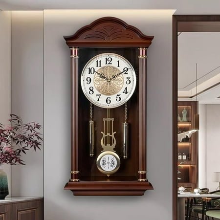 Pendulum Wall Clock Battery Operated - Large Hanging Grandfather Wall Clock with Pendulum - Quiet Pendulum Clock - Chiming Wall Clock for Living Room Decor
