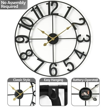 PINDEE Large 16-Inch Large Wall Clock – Decorative Black Metal Clock with Gold Hands – Silent, Battery Operated, Modern Wall Decor for Living Room, Kitchen, or Office –Black