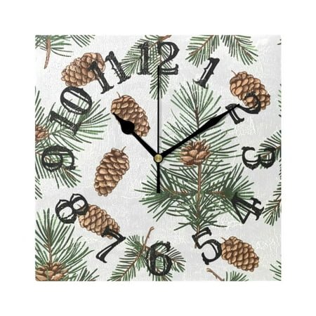 Pine Cone Trees Wall Clock Square Silent Non Ticking Battery Operated Clock for Home Bathroom Kitchen Bedroom Living Room